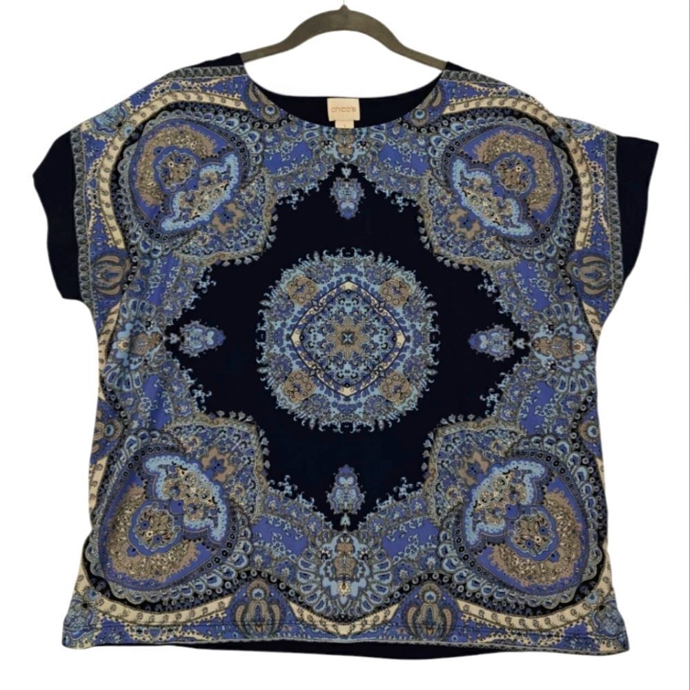 Chico's Women's Blue Print Paisley Top Blouse Sz M 1